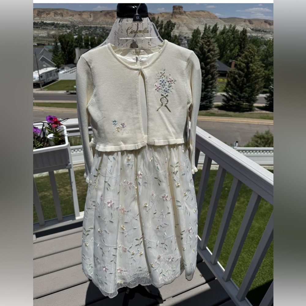 Cinderella by Special Occasions Cream Floral Kids Dress with Cardigan.